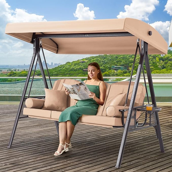 3 in 1 Outdoor Porch Swing with Adjustable Canopy, 3 Seat Outdoor Swing for Adults - Photo 1
