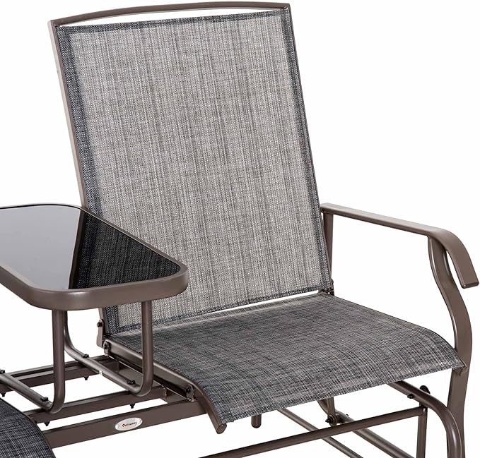 GOWE Outdoor Glider Bench with Center Table, Metal Frame Patio Loveseat with Breathable Mesh Fabric and Armrests for Backyard Garden Porch, Gray