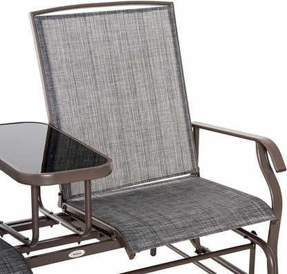 GOWE Outdoor Glider Bench with Center Table, Metal Frame Patio Loveseat with Breathable Mesh Fabric and Armrests for Backyard Garden Porch, Gray