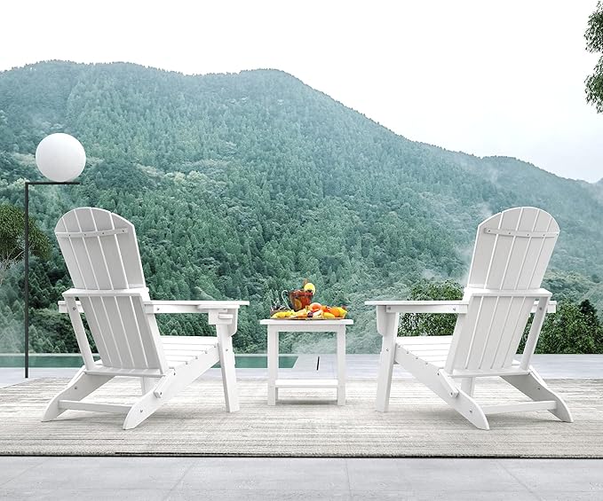 Folding Adirondack Chair, HDPE Outdoor Patio Chair with Cup Holder, All Weather Plastic Lawn Chair with Wide Armrests, Portable Patio Chair for Backyard Deck Garden Fire Pit Poolside, White