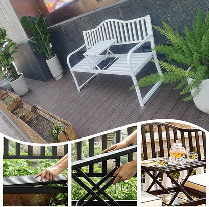 Metal Garden Bench, Patio Porch Furniture, All-Weather Outdoor Bench, Outdoor Benches with Foldable Small Table Plate(Bronze)