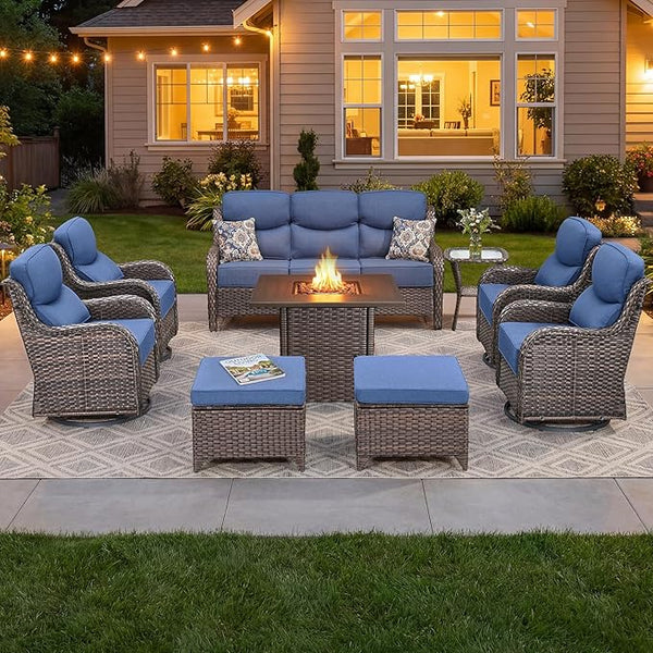 Luxury Patio Furniture Set with 6-inch Thick Cushion, Outdoor Furniture with Fire Pit Table, Swivel Chairs, Sofa - Photo 1