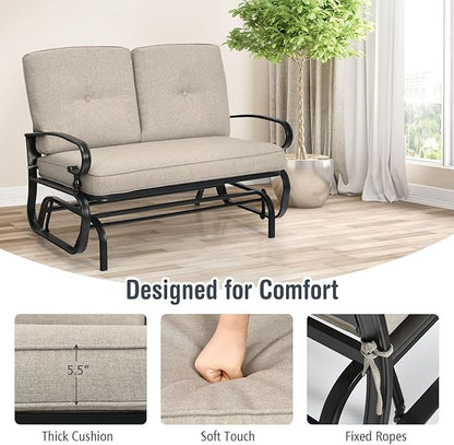 Giantex Outdoor Glider Bench, Patio Loveseat with Cushions, 440 Lbs Capacity, 2-Person Outdoor Rocking Chair, Porch Glider Swing for Garden, Backyard, Poolside, Patio Seating Rocker (Beige)