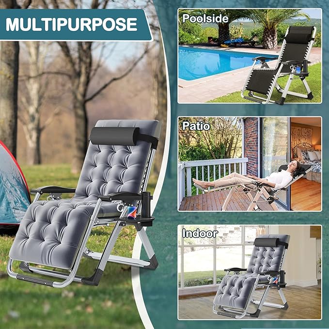 NAIZEA Padded Zero Gravity Chair, Folding Outdoor Lounge Chairs, Adjustable Reclining Camping Chairs with Cup Holder - Photo 3