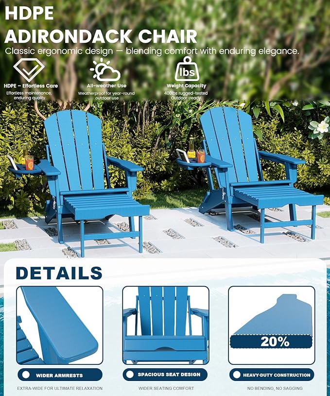 FOOWIN Folding Adjustable Adirondack Chair with Retractable Ottoman Set of 4, HDPE Adirondack Chair w/4 in 1 Cup Holder Trays,All-Weather Resistant Fire Pit Chair for Outdoor Patio Lawn, Pacific Blue