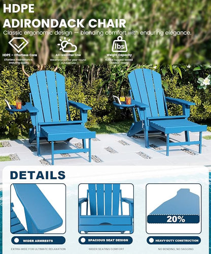 FOOWIN Folding Adjustable Adirondack Chair with Retractable Ottoman Set of 4, HDPE Adirondack Chair w/4 in 1 Cup Holder Trays,All-Weather Resistant Fire Pit Chair for Outdoor Patio Lawn, Pacific Blue