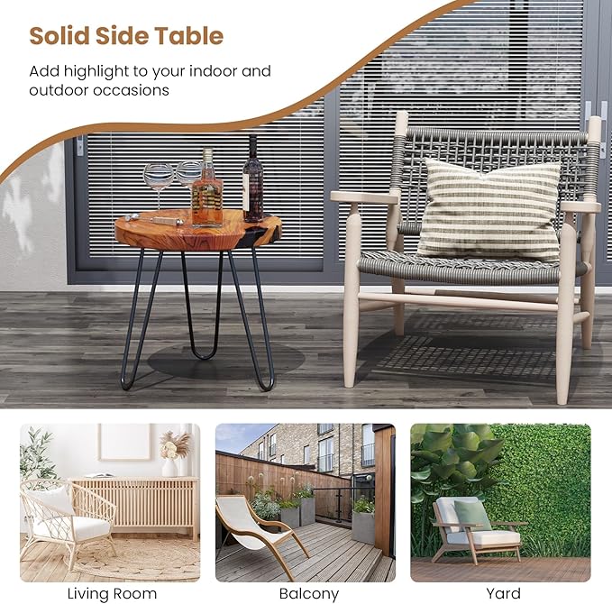 Giantex Outdoor Side Table Teak Wood - 20” Round End Table with Epoxy Resin Tabletop, Solid Live Edge, Metal Frame, Rustic Sofa and Couch Table for Patio, Porch, Poolside, Living Room, Yard, Brown