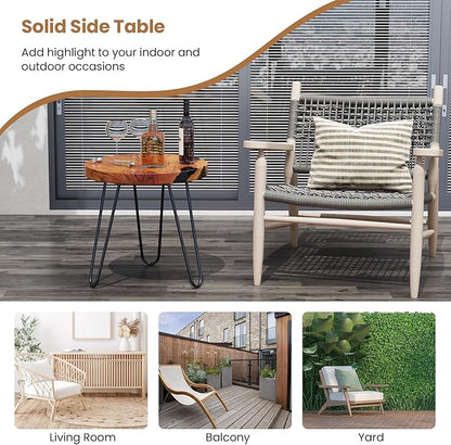 Giantex Outdoor Side Table Teak Wood - 20” Round End Table with Epoxy Resin Tabletop, Solid Live Edge, Metal Frame, Rustic Sofa and Couch Table for Patio, Porch, Poolside, Living Room, Yard, Brown