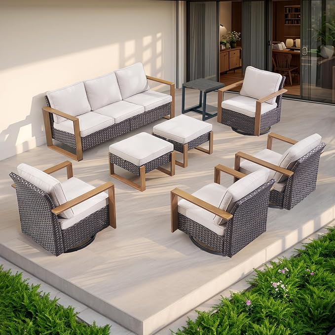 Rilyson Outdoor Wicker Patio Furniture Set - 8 Piece Patio Conversation Set with 4 Wicker Swivel Rocker Chairs,2 Rattan Ottoman 1 Side Table and 1 Couch,Thick Cushions,Deep Seating(Brown/Beige)