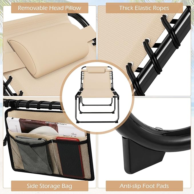 Giantex 2-Pack Lounge Chair Outdoor, Folding Tanning Chair with 4 Adjustable Positions, Removable Headrest, Footrest - Photo 4
