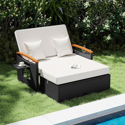 Tangkula Patio Rattan Daybed with 4-Level Adjustable Backrest, Outdoor Wicker Loveseat with Acacia Wood Armrest, Storage Ottoman & Folding Tray, Double Sunbed for Yard & Poolside (White & Black)