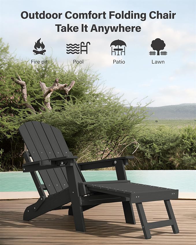 YEFU Adjustable Adirondack Chair with Retractable Ottoman Set of 6,Folding Adirondack Chair with Cup-Holder, Outdoor Chairs with Footrest,Weather Resistant Fire Pit Chairs,for Patio Lawn