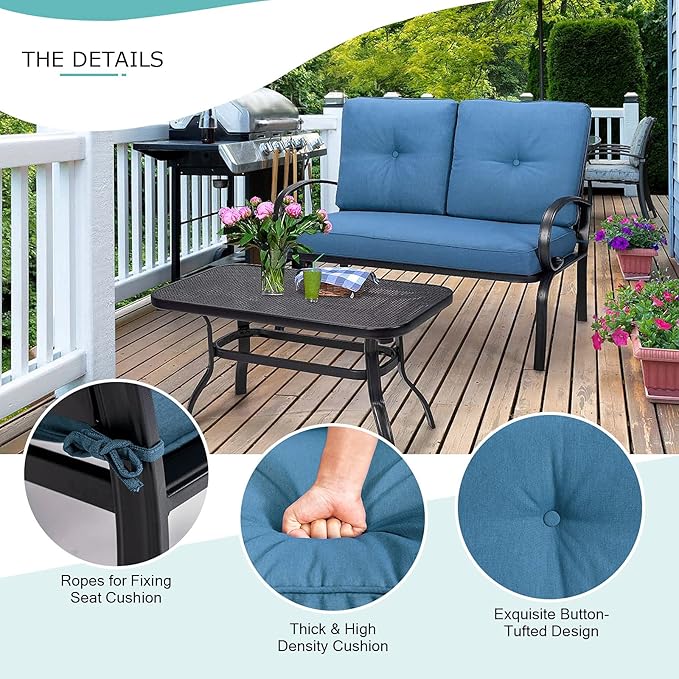 DORTALA 2-Piece Patio Furniture Set, Outdoor Indoor Loveseat and Coffee Table Set, Outdoor Sofa Metal Garden Bench with Soft Cushions, for Balcony, Lawn,Porch, Poolside, Navy