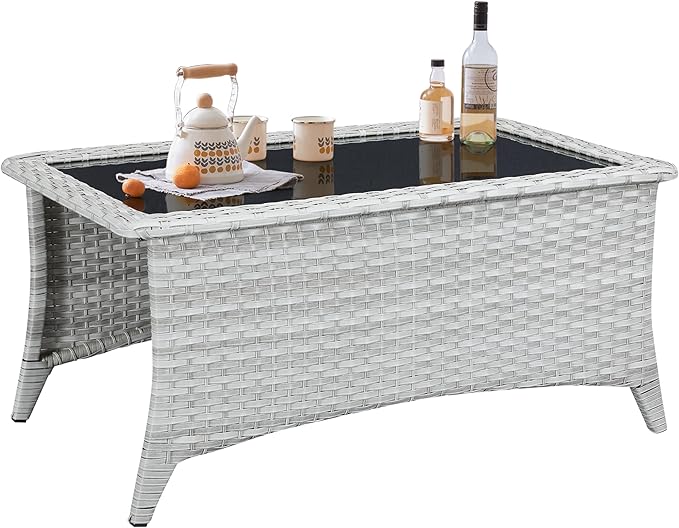 Belord Outdoor Coffee Table with Tempered Glass Top, Patio Rectangular Light Grey Wicker Table, Handwoven Rattan Coffee Table Compatible with Patio Furniture Sets for Porch Deck Backyard