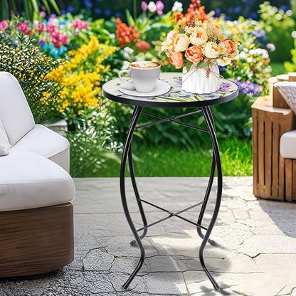 MUMTOP Outdoor End Tables for Patio, Lavender Small Round Side Table, Glass Accent Table for Outside, Garden, Balcony, Porch, Indoor Home Decor