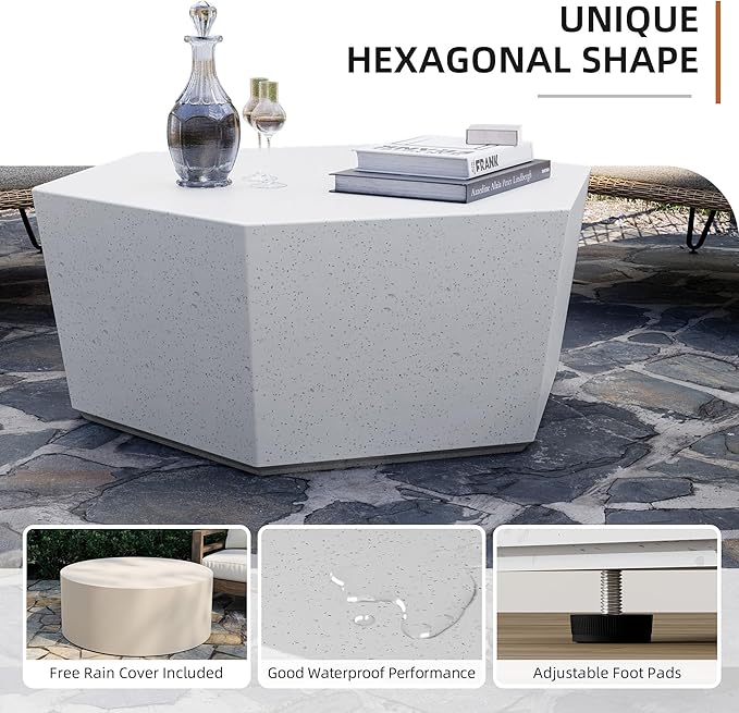 UPHA 35" Hexagon Outdoor Coffee Table, Modern Hollow Concrete Patio Table, Small Minimalist Low Accent Table for Living Room, Balcony, Deck, Backyard, Off-White