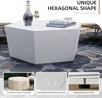 UPHA 35" Hexagon Outdoor Coffee Table, Modern Hollow Concrete Patio Table, Small Minimalist Low Accent Table for Living Room, Balcony, Deck, Backyard, Off-White
