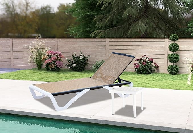 Domi Pool Lounge Chair Aluminum Adjustable Outdoor Chaise Lounge,All Weather Plastic Poolside Lounge Chair with Table for Deck Lawn Backyard, Brown Textilene