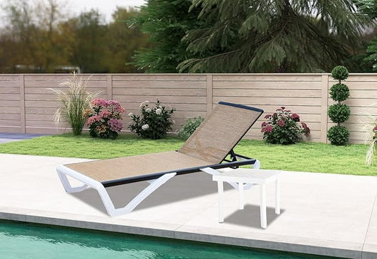 Domi Pool Lounge Chair Aluminum Adjustable Outdoor Chaise Lounge,All Weather Plastic Poolside Lounge Chair with Table for Deck Lawn Backyard, Brown Textilene