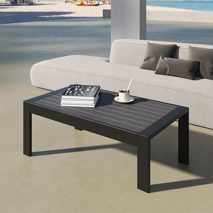 All-Weather Aluminum Outdoor Coffee Table, Modern Rectangle Patio Coffee Table for Balcony Garden, Black
