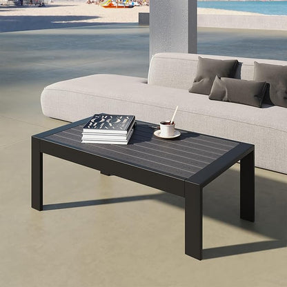 All-Weather Aluminum Outdoor Coffee Table, Modern Rectangle Patio Coffee Table for Balcony Garden, Black