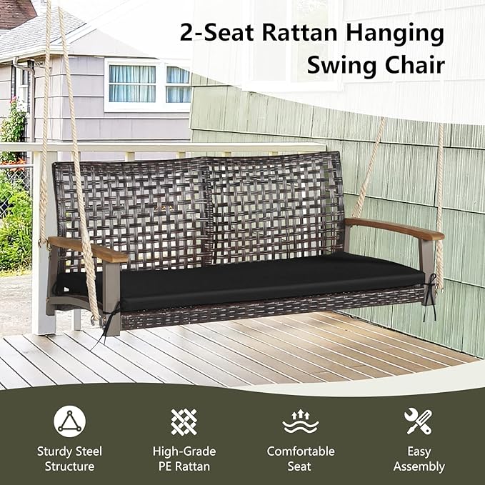RELAX4LIFE 2-Seater Outdoor Porch Swing - PE Wicker Porch Loveseat Swing with 118” Hanging Ropes - Photo 8
