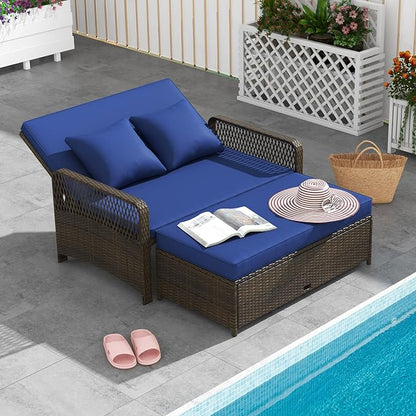 Moccha Outdoor Daybed, PE Rattan Double Chaise Lounge w/ 4-Level Adjustable Back, Storage Ottoman, Cushions & Pillows, Separated Seating, Wicker Sunbed for Garden Patio Furniture Set (Navy)