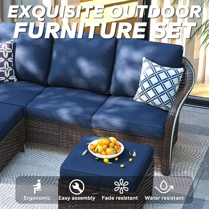 3 Pieces Patio sectional Sofa Set, Outdoor Conversation Furniture Set, 78" 3-Seat Couch with 2 Ottomans, 47" Metal Coffee Table, Rattan Wicker Sofa with Washable Cushions (Navy Blue)