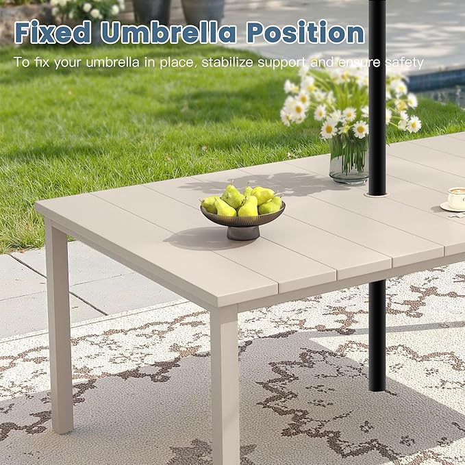 DIFY 63" Outdoor Patio Dining Table for 6, Metal Rectangular Steel Slat Patio Table with 1.57" Adjustable Umbrella Hole, Weather-Resistant for Garden Backyard Poolside Deck, Sandshell