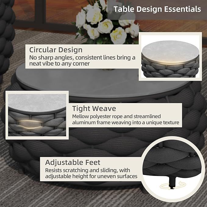 Round Coffee Table for Indoor & Outdoor Use, Aluminum Patio Furniture with Handwoven Ropes, Weather-Resistant for Garden - Photo 6