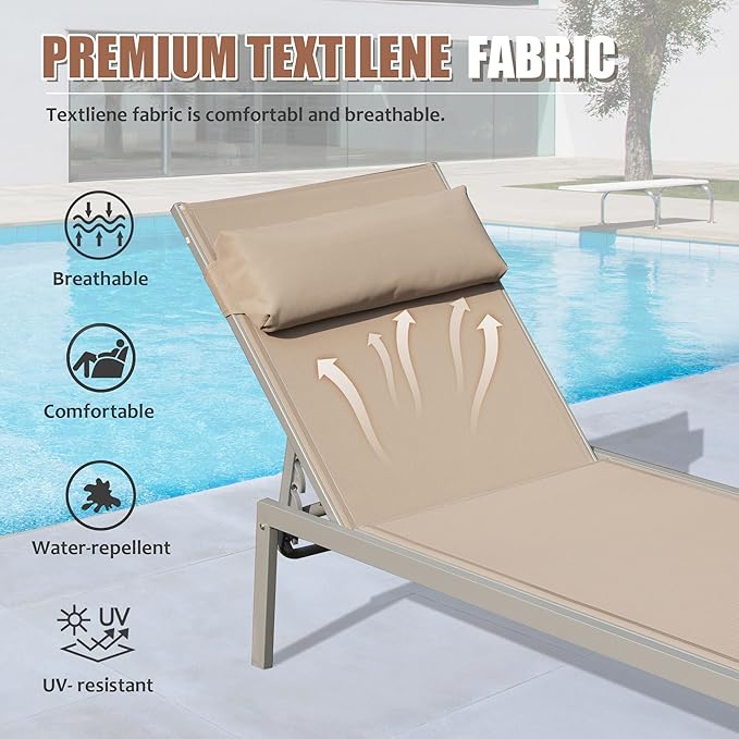 Domi Patio Chaise Lounge Set of 3, Aluminum Pool Lounge Chairs with Side Table - Photo 3