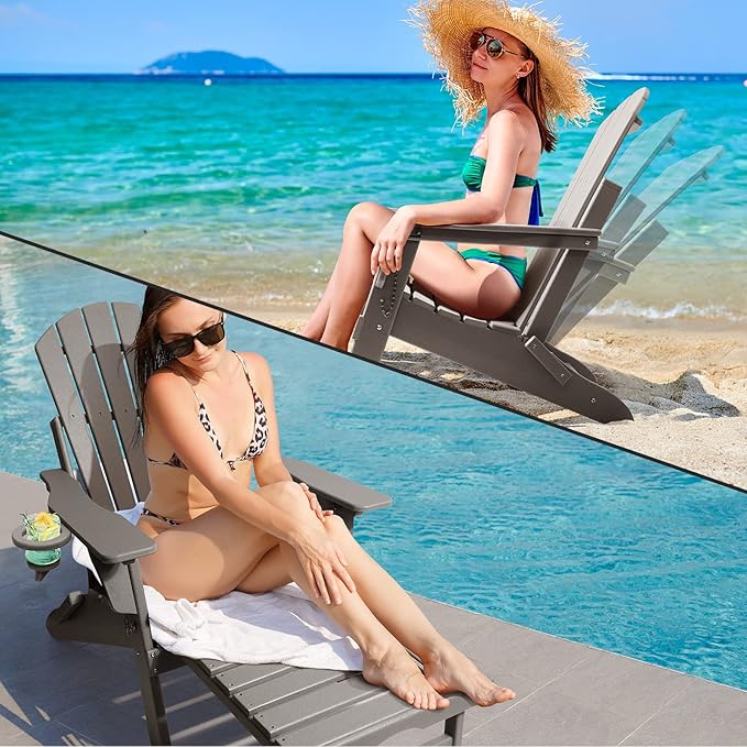 FUNBERRY Adjustable Folding Adirondack Chairs Set of 4 with Retractable Ottoman, All Weather Fire Pit Chairs with Cup Holder