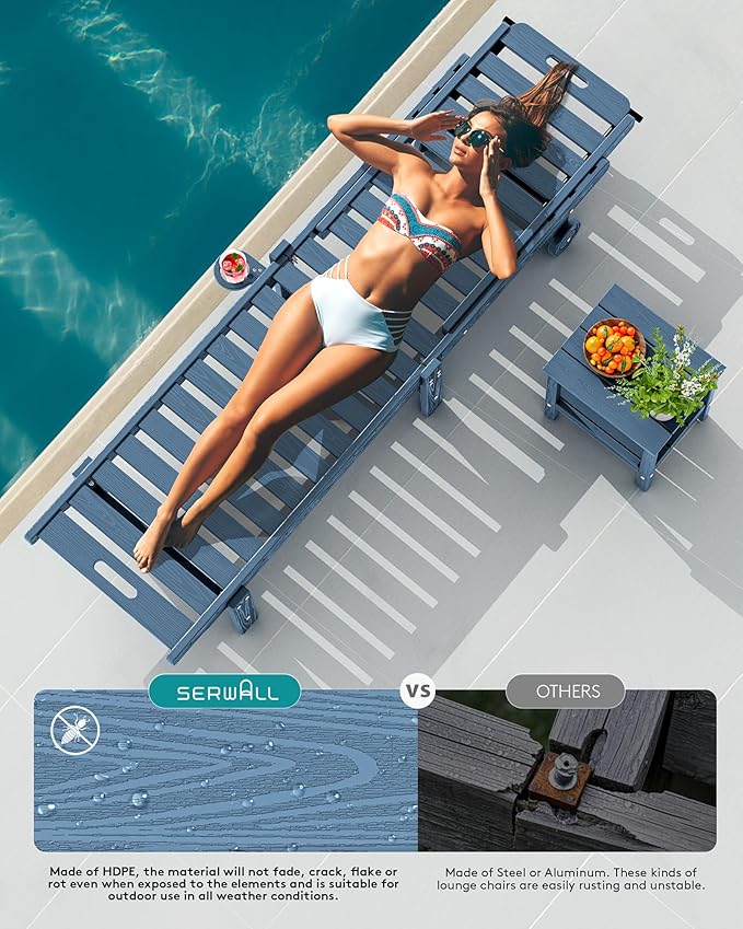 SERWALL Outdoor Chaise Lounge Set of 2 with 9FT Umbrella, HDPE Pool Lounge Chair with 5-Position Adjustable Backrest - Photo 7