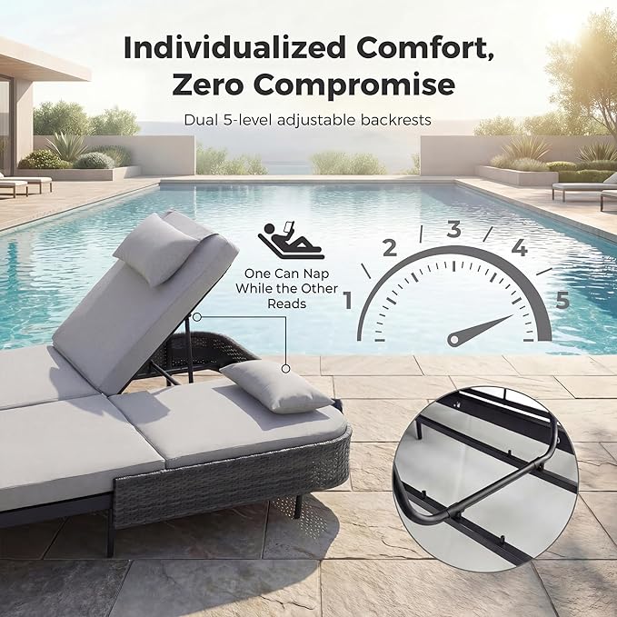 BULEXYARD 51.2" Double Chaise Lounge Outdoor, 2-Person PE Wicker Patio Daybed with Dual 5-Position Adjustable Backrest - Photo 5