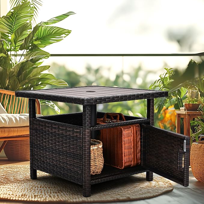 Umbrella Table with 2 Weight Bags Outdoor Patio Umbrella Side Table with Umbrella Hole Small Brown Wicker End Table for Outside Storage Coffee Table with Poly Lumber Top for Pool Garden Balcony Deck