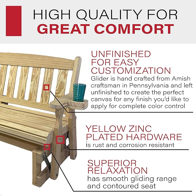Amish OUTLET STORE Heavy Duty 800 Lb Mission Pressure Treated Porch Glider with Cupholders (5 Foot, Unfinished)