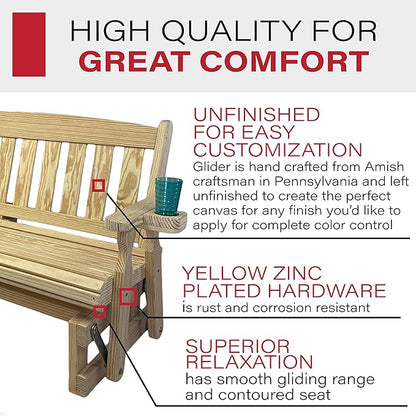 Amish OUTLET STORE Heavy Duty 800 Lb Mission Pressure Treated Porch Glider with Cupholders (5 Foot, Unfinished)
