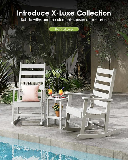 GREENVINES Outdoor-Rocking-Chairs-Set-of-2 | HDPE Plastic | Patio Rockers | Porch Rocker Chair | Shaker | Oversized | High Ladder Back | Big & Tall | PentaLuxe | White