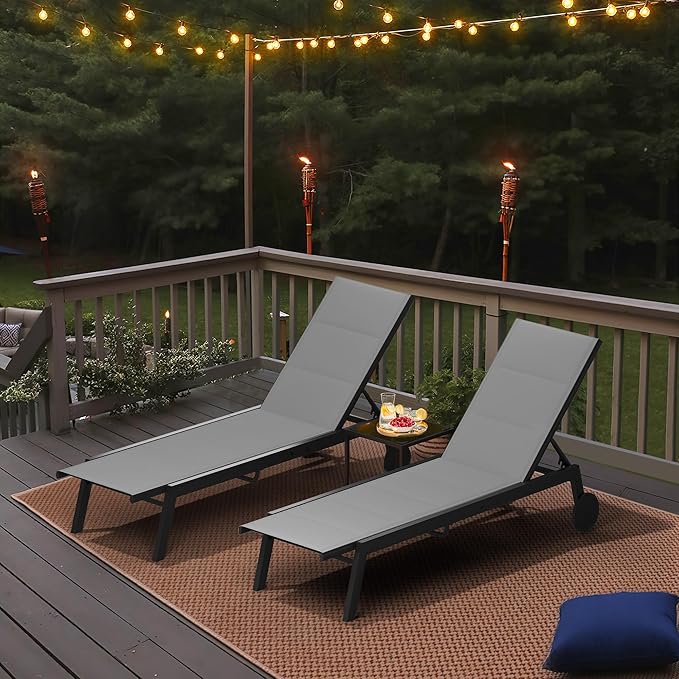 YITAHOME Outdoor Chaise Lounge Chairs Set of 3, Pool Loungers with Side Table, 5-Position Adjustable Backrest,Padded Fabric, and Wheels for Pool Beach Patio Lawn Porch - Grey