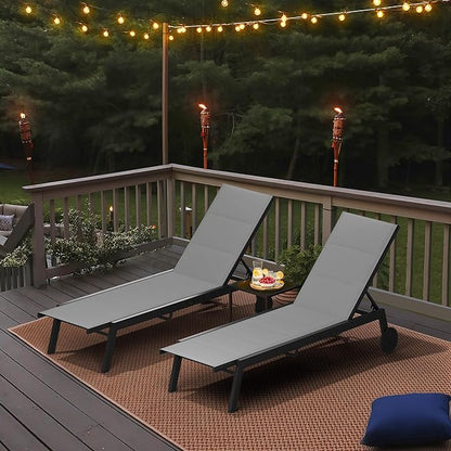 YITAHOME Outdoor Chaise Lounge Chairs Set of 3, Pool Loungers with Side Table, 5-Position Adjustable Backrest,Padded Fabric, and Wheels for Pool Beach Patio Lawn Porch - Grey