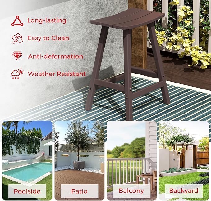 Costaelm All-Weather Bar Stools Set of 3, 24" Height Outdoor Bar Stools, Adirondack Poly Patio Bar Stool for Patio, Deck, Kitchen Counter and Garden, Dark Brown