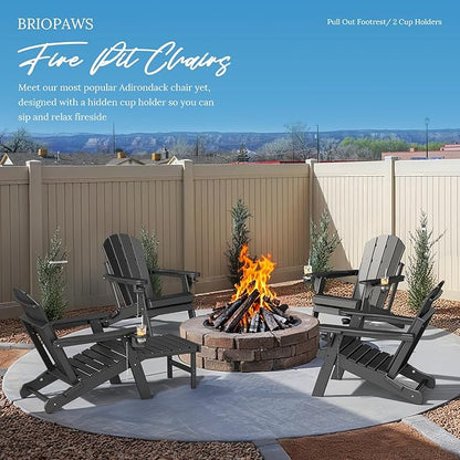 BRIOPAWS Adirondack-Chairs-with-Pull-Out-Footrest | Set of 2 | Folding | HDPE Plastic | Fire Pit Chair | All Weather | Cup Holders | Curved Back | Retractable Ottoman | for Poolside Deck | Black