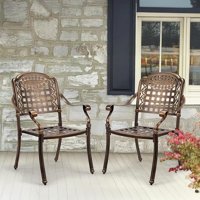 VINGLI Patio Chairs Set of 4 - Stackable Outdoor Cast Aluminum Dining Chairs with Vintage Bronze Finish and Plaid Pattern, Metal Armchairs for Poolside, Backyard, Balcony (No Cushion)