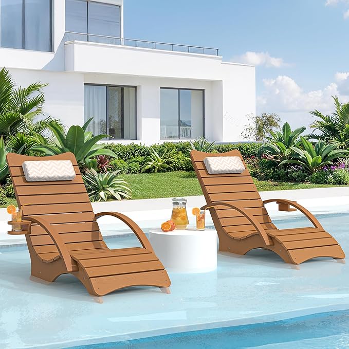 Pool Lounge Chairs Set of 2, Shallow Water 8-10 Inches Deep, HDPS Fade Resistant Pool Tanning Chair with Armrest, Cup Holder, Headrest, 330lbs Capacity, Outdoor Beach Sun Lounger, Teak Color