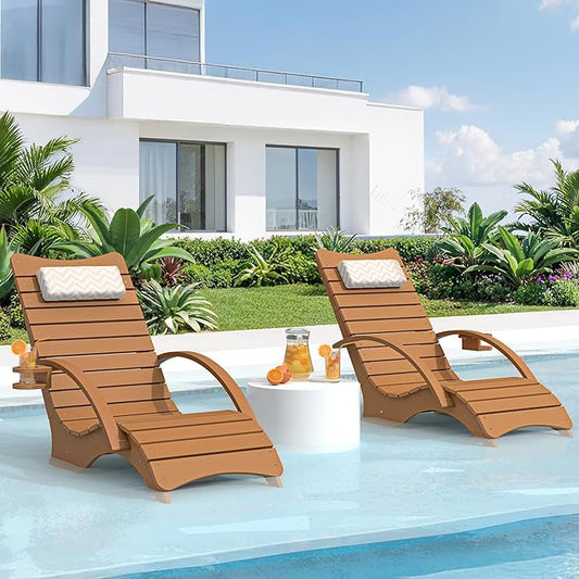 Pool Lounge Chairs Set of 2, Shallow Water 8-10 Inches Deep, HDPS Fade Resistant Pool Tanning Chair with Armrest, Cup Holder, Headrest, 330lbs Capacity, Outdoor Beach Sun Lounger, Teak Color