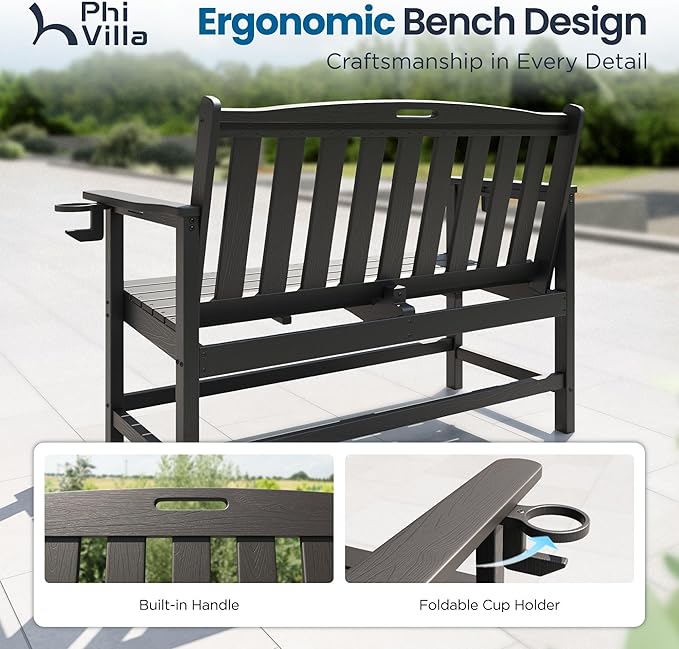 PHI Villa 50 Inch HDPE Outdoor Garden Bench, Park Bench with Reinforced Support Structure, 700 lbs Capacity, 2 Seat All Weather Bench for Outdoors, Patio, Park, Yard and Porch, Black