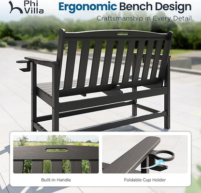PHI Villa 50 Inch HDPE Outdoor Garden Bench, Park Bench with Reinforced Support Structure, 700 lbs Capacity, 2 Seat All Weather Bench for Outdoors, Patio, Park, Yard and Porch, Black