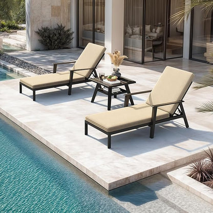 PURPLE LEAF Pool Lounge Chairs with Thick Cushions and Side Table Metal Outdoor Chaise Lounge with Adjustable Backrest Patio Lounger Set of 3 for Outside Beach Poolside Deck Backyard, Beige