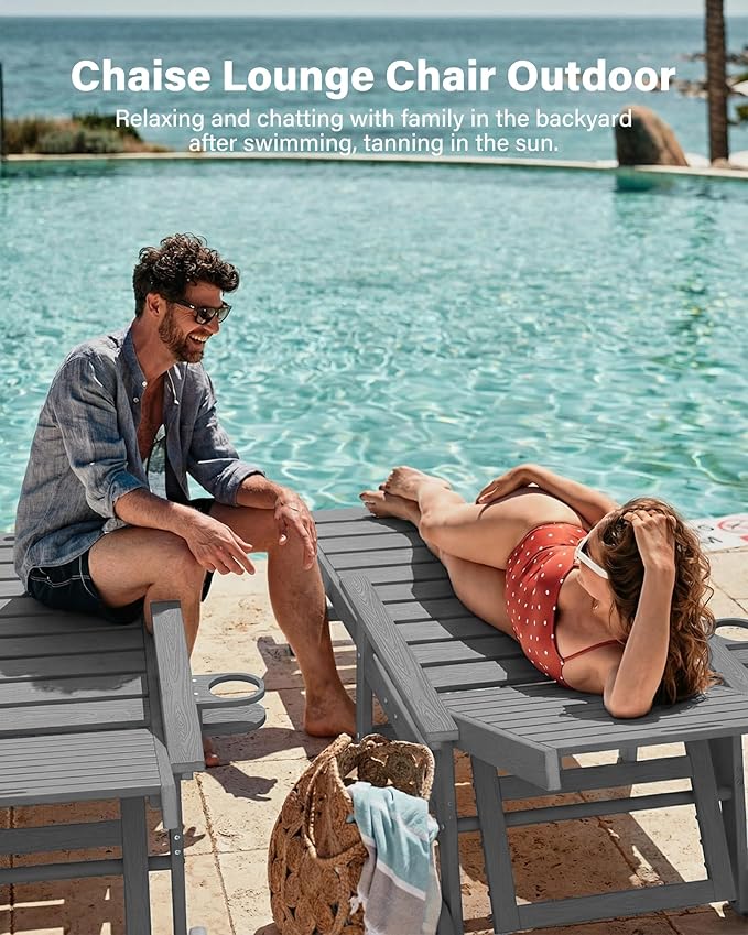 YEFU Lounge Chair Outdoor Chaise: Outdoor Chaise Lounge with 5-Level Adjustable Backrest, Cup Holders & Wheels, All-Weather Resistance Chaise Lounge for Outside/Patio/Beach/Deck, Grey