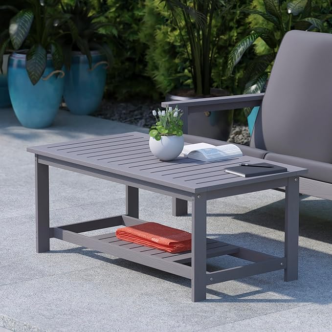 BizChair Two Tiered Commercial Grade Adirondack Coffee Table - Gray Finish Poly Resin Wood - All-Weather - Slatted - Photo 1